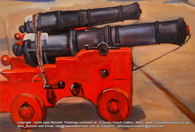Marine art -Cannons of  'HMB Endeavour' at Darling Harbour oil painting on canvas painted 'en plein air' by artist Jane Bennett